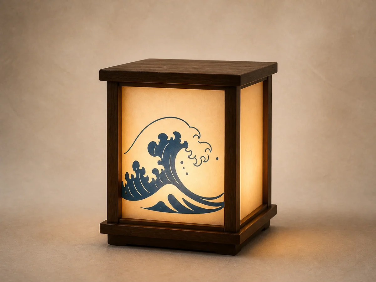 Lanterne de table japonaise éclairée, avec un motif de vague bleu