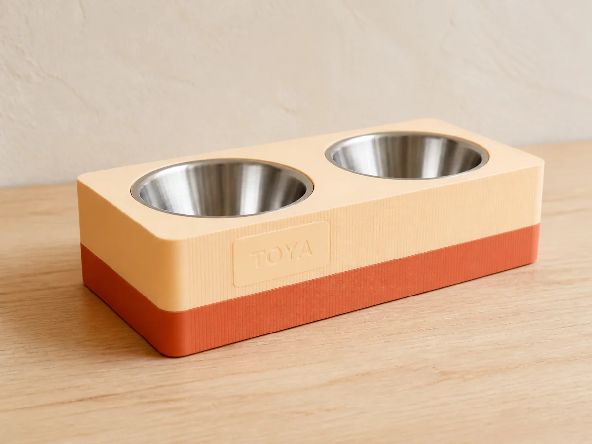 Support deux gamelles imprimé en crème et terre cuite, avec deux bols inox