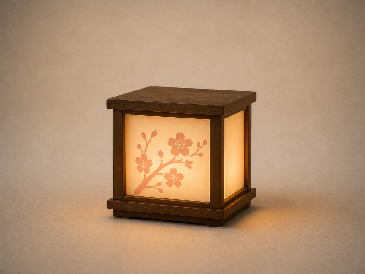 Petite veilleuse japonaise éclairée, ornée de fleurs de cerisier